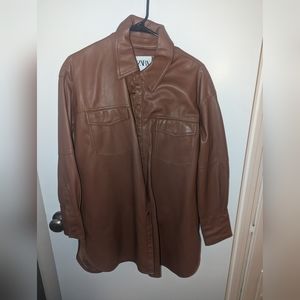 Brown leather belted shirt jacket